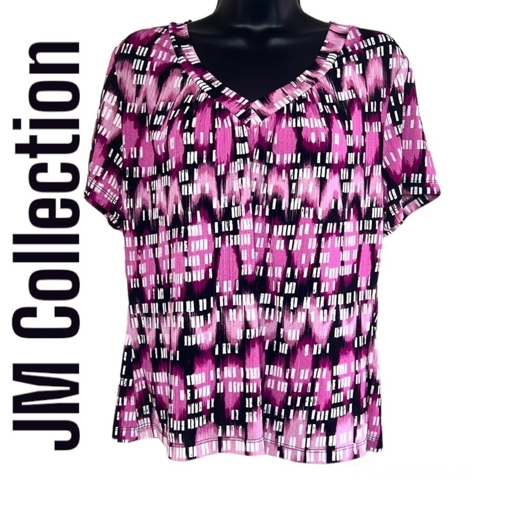 JM Collection Pink/Black Short Sleeve Printed V-Neck Top